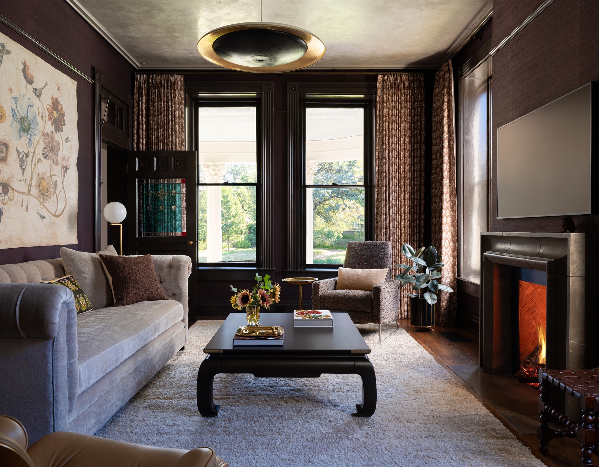 Victorian House den with stone wall and stained glass in Austin, Texas